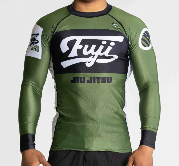 Jiu Jitsu Script Flex Lite Long Sleeve Rashguard Green by Fuji For Discount