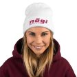 Embroidered Beanie w Puff logo (White & Pink) by Nogi Industries Supply