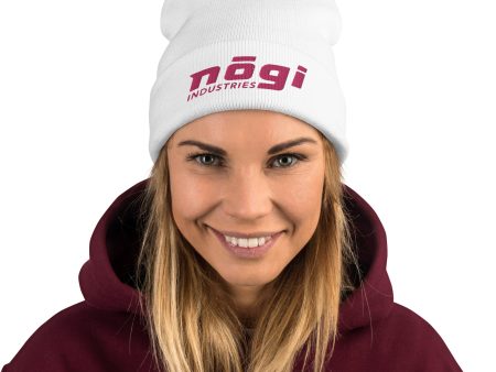 Embroidered Beanie w Puff logo (White & Pink) by Nogi Industries Supply