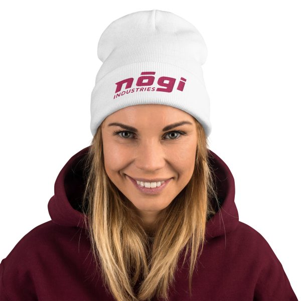 Embroidered Beanie w Puff logo (White & Pink) by Nogi Industries Supply