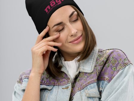 Embroidered Beanie w Puff logo (Black & Pink) by Nogi Industries Online Hot Sale