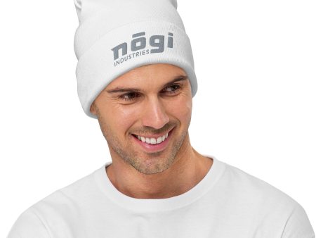 Embroidered Beanie w Puff logo (White & Gray) by Nogi Industries For Sale