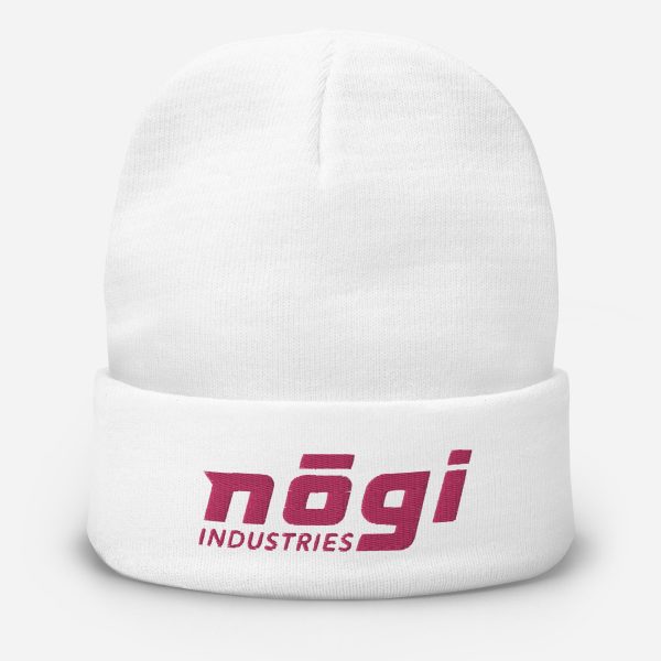 Embroidered Beanie w Puff logo (White & Pink) by Nogi Industries Supply